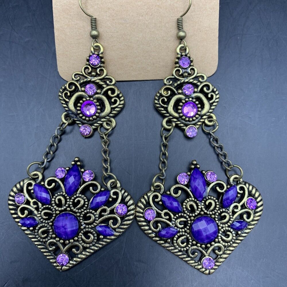 Cielo Chandelier Earrings Drop Dangle Hook Antiqued Gold Tone Purple Rhinestone